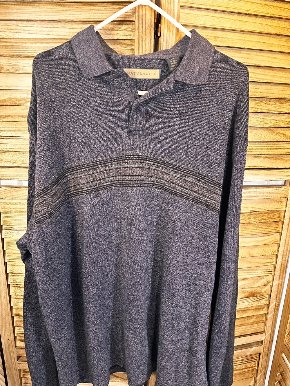NATURAL LIFE Men's Long Sleeve Polo in Heather Navy with Chest Stripe